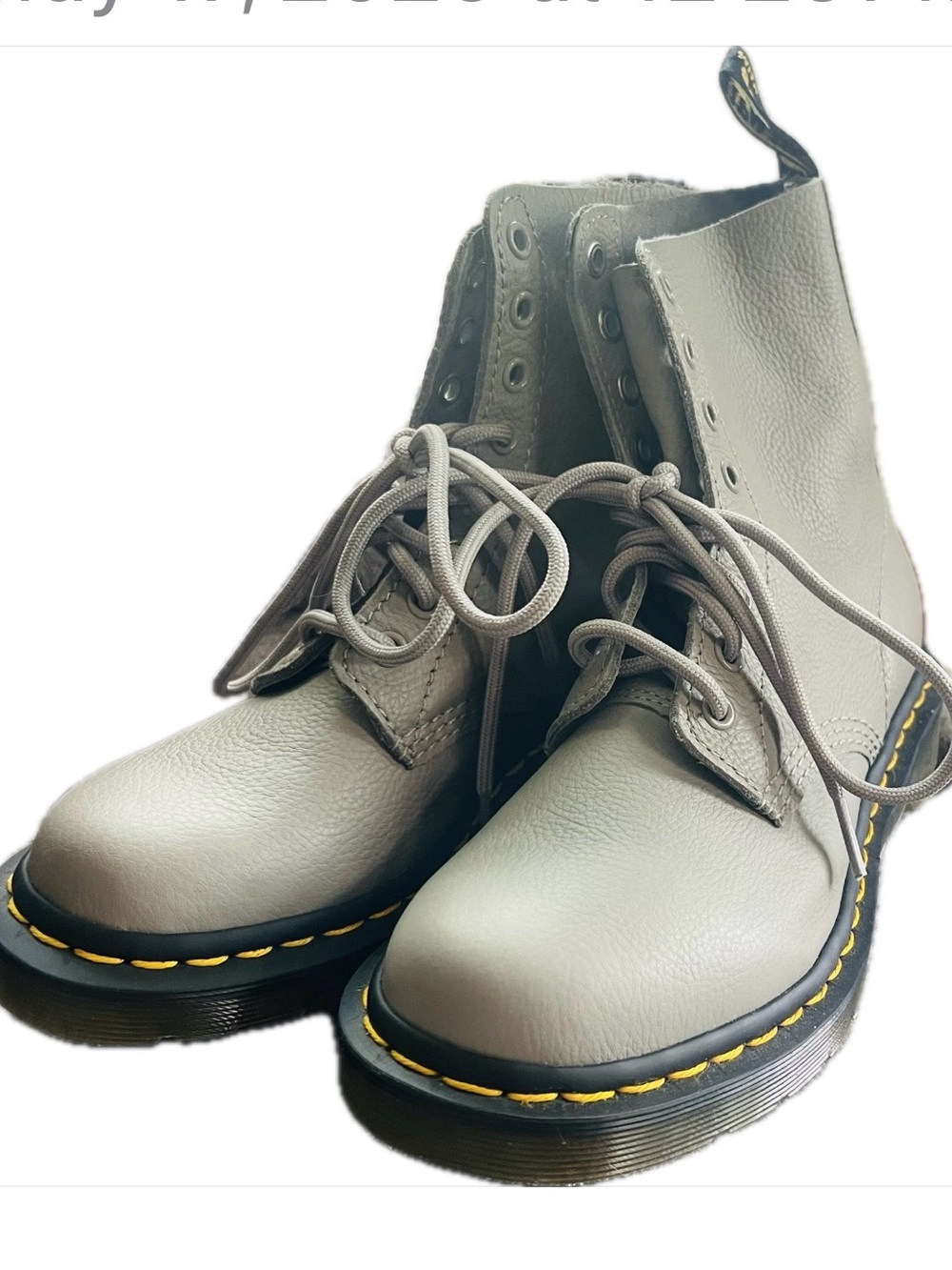 Dr. Martens Gray Leather Lace-Up Combat Boots with Yellow Stitching